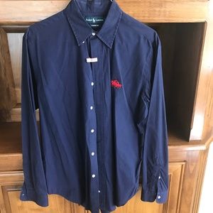 Ralph Lauren CLASSIC FIT button down long sleeve navy LARGE RED PONY shirt L